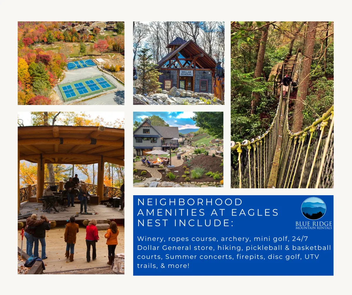 A vibrant exterior scene featuring a ropes course, archery range, mini golf course, and an outdoor concert stage near a luxurious lodge. Families and children are seen hiking, playing mini golf, enjoying concerts, lighting firepits, and practicing archery. The overall mood is joyful and communal, with a festive atmosphere and multiple opportunities for family fun and adventure within the community.